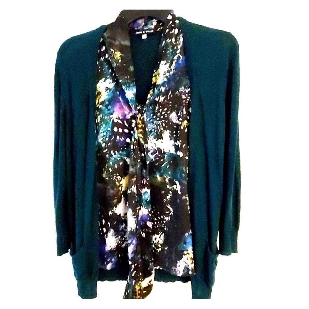 Green faux sweater set with multicolored silky top
